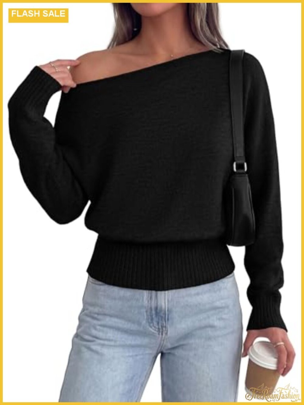 Off the Shoulder Sweater Batwing Sleeve Asymmetrical Neck Pullover for Women